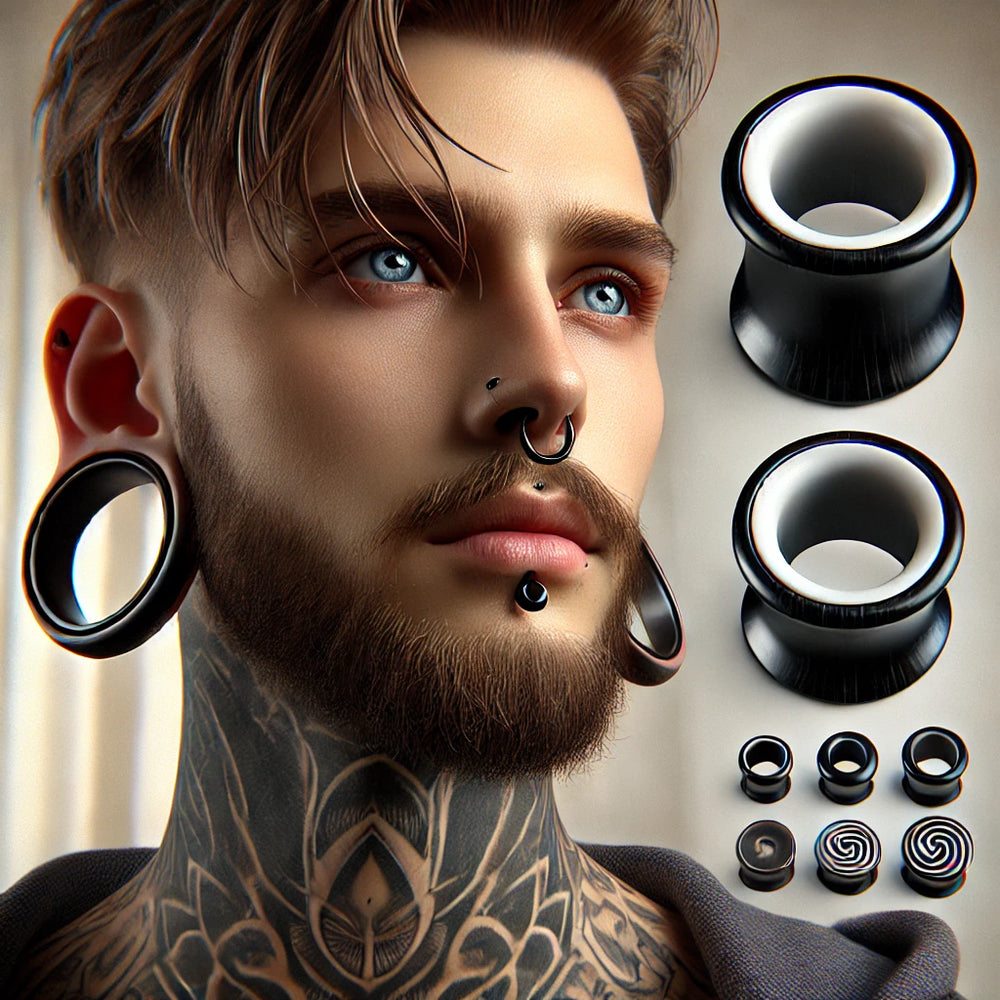 Männliches Modell mit Tattoos, das einen schwarzen Horn-Tunnel mit dünnem weißen Rand trägt, Verschiedene handgefertigte Horn-Plugs und -Tunnels mit geometrischen und spiralförmigen Designs.