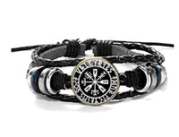 Load image into Gallery viewer, Viking Kompass Leder Armband schwarz silber verstellbar
