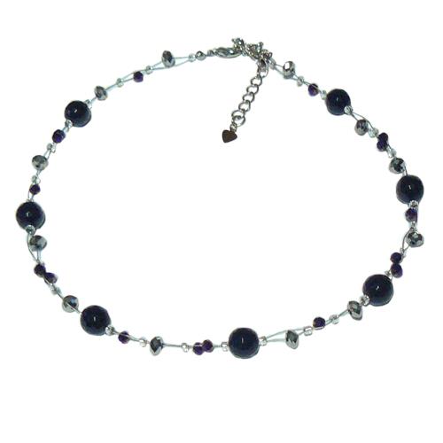 Agate necklace for women, glass beads, glitter, honeycomb balls, purple, nickel-free, lobster clasp 