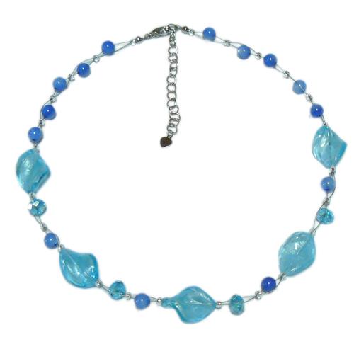 Kette Damen Glasperlen Glitzer gewunden hellblau nickelfrei Karabiner 42-48 cm