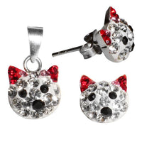 Cargar imagen en el visor de la galería, Glitzerschmuckset Katze weiß rot Kristall Zirkonia Anhänger Ohrstecker 925er Silber Damen Schmuck
