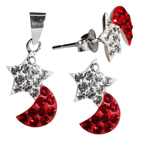 Glitzerschmuckset Mond Stern weiß rot Kristall Zirkonia Anhänger Ohrstecker 925 Silber Damen Schmuck