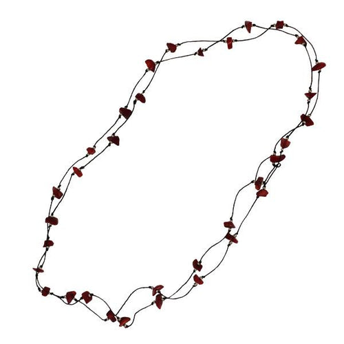 Black cotton necklace, thread, cotton, red coral chips, hand-strung, 137 cm long