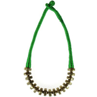 Load image into Gallery viewer, Kette Messing Scheiben grün gold Blumen Seidenfaden nickelfrei 46 cm antik Tribal Brass
