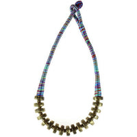 Load image into Gallery viewer, Kette Messing Scheiben bunt gold Blumen Seidenfaden nickelfrei 46 cm antik Tribal Brass
