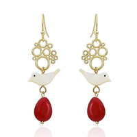 Cargar imagen en el visor de la galería, Set Kette Ohrringe 18 karat vergoldet rot Tropfen Vogel Kreise nickelfrei Stein Perlmutt weiß
