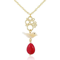 Cargar imagen en el visor de la galería, Set Kette Ohrringe 18 karat vergoldet rot Tropfen Vogel Kreise nickelfrei Stein Perlmutt weiß
