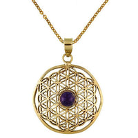 Load image into Gallery viewer, Messing Brass Anhänger Amethyst Blume des Lebens antik golden Kette nickelfrei Tribal Schmuck
