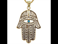 Load image into Gallery viewer, Messing Anhänger Hand der Fatima Henna Auge Türkis gold Kette nickelfrei Tribal antik Hamsa Khamsa
