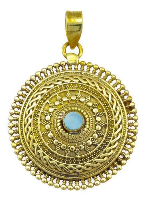 Messing Anhänger Chalzedon hellblau Kreise Zopf Stein golden Kette nickelfrei antik Schmuck Tribal