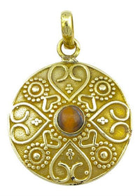 Load image into Gallery viewer, Messing Anhänger Tigerauge braun Herz Kreise Stein golden Kette nickelfrei antik Schmuck Tribal
