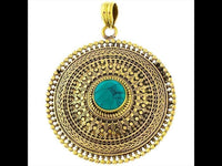 Load image into Gallery viewer, Messing Anhänger Türkis Kreise Zopf 63 mm facettiert antik golden Kette nickelfrei Schmuck Tribal
