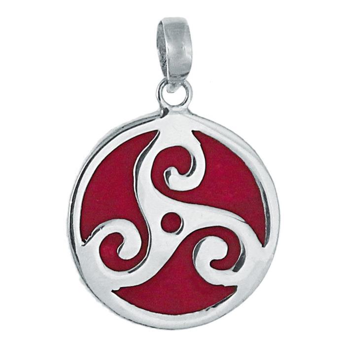 Korallen-Anhänger, rund mit roter Koralle und Tribal, 925 Sterling Silber ca. 22 mm Ø