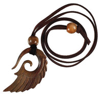 Cargar imagen en el visor de la galería, Kette Holz Flügel Spiralen Anhänger braun gestreift Lederband verstellbar Holzperlen 75 cm
