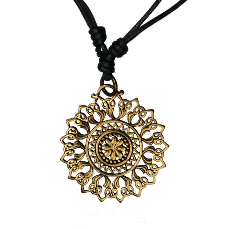 Baumwolle Kette schwarz Anhänger rund Mandala Brass antik golden