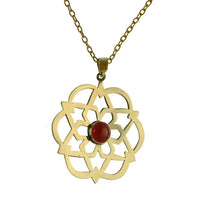 Load image into Gallery viewer, Messing Anhänger golden Karneol orange Stein Inlay rund Stern Blume Blüte Muster antik
