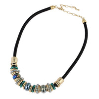 Load image into Gallery viewer, Glitzer Messing Kette golden schwarz türkis Perlenringe Leder 41,5-49,5cm Karabiner
