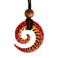 Load image into Gallery viewer, Kette Holz Tiger Spirale rot gelb Anhänger Lederband Holzperlen verstellbar bemalt
