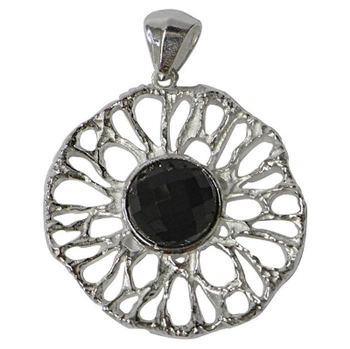Silver pendant, flower, onyx, faceted, hemisphere, shiny, filigree, 925 sterling silver pendant 