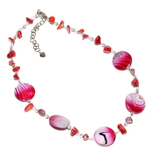 Necklace with mother-of-pearl, zebra beads, coral, red and violet