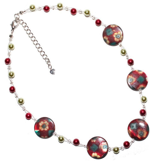Necklace mother-of-pearl shell discs flowers beads green red