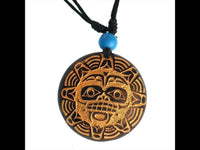 Load image into Gallery viewer, Holzkette golden Sonnenmaske Türkis Stein Sonoholz Baumwolle verstellbar unisex
