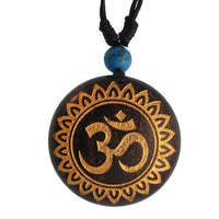 Load image into Gallery viewer, Holzkette golden Om-Blume Türkis Stein Sonoholz Baumwolle verstellbar unisex
