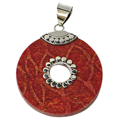 Round silver pendant with coral, approx. 4.0 cm diameter, hole, circles, almond, coral, 925 sterling silver 