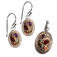 Load image into Gallery viewer, Schmuck Set Zirkonia Silber vergoldet gold rot lila grün Kreise Anhänger Ohrringe 925er

