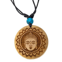 Load image into Gallery viewer, Holzkette rund verstellbar Baumwolle Om Buddha Maske golden silbern natur
