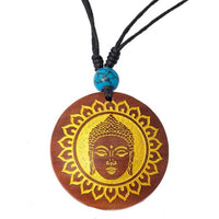 Load image into Gallery viewer, Holzkette rund verstellbar Baumwolle Om Buddha Maske golden silbern natur
