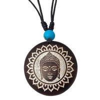 Load image into Gallery viewer, Holzkette rund verstellbar Baumwolle Om Buddha Maske golden silbern natur
