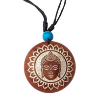 Load image into Gallery viewer, Holzkette rund verstellbar Baumwolle Om Buddha Maske golden silbern natur
