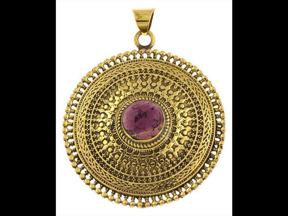 Messing Anhänger Amethyst Kreise Zopf 63 mm facettiert golden Kette antik Schmuck Tribal