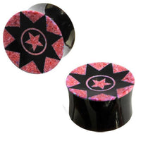 Cargar imagen en el visor de la galería, Horn Plug in schwarz Sternenmuster pink handgeschnitzt Tribal Buffalo Tunnel Ohrstecker

