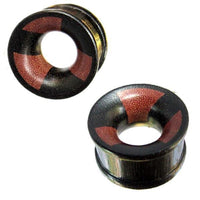 Load image into Gallery viewer, Tribal Tunnel zweifarbig braun schwarz Holztunnel handgeschnitzt verschiedene Holzarten Plug Expander
