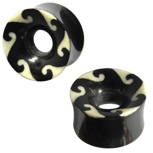 Horn Tunnel Wellen Bone Inlay schwarz weiß Tribal Buffalo Horntunnel Büffelhorn Plug Ohrstecker Expander