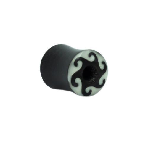 A Horn Tunnel schwarz Bone Inlay Wellen Kreis Tribal Buffalo Horntunnel Büffelhorn Plug Expander Ohrstecker, handgeschnitzt mit weißem Kreis-Ende und schwarzem Wellenmuster, liegt auf weißem Hintergrund.