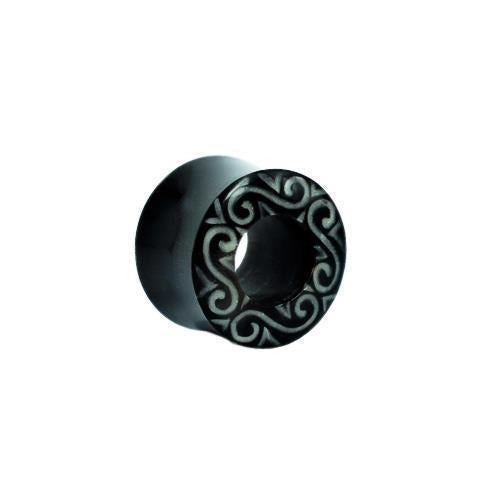 Horn Tunnel schwarz mit Ornamente Bone Inlay Tribal Buffalo Horntunnel Büffelhorn Plug Expander Ohrstecker