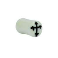 Cargar imagen en el visor de la galería, A small white cylindrical Tribal Bone Plug with a black gotisches Kreuz design—hand-carved, ideal as an Organic Expander Plug for Piercing or Tribal Schmuck creations.
