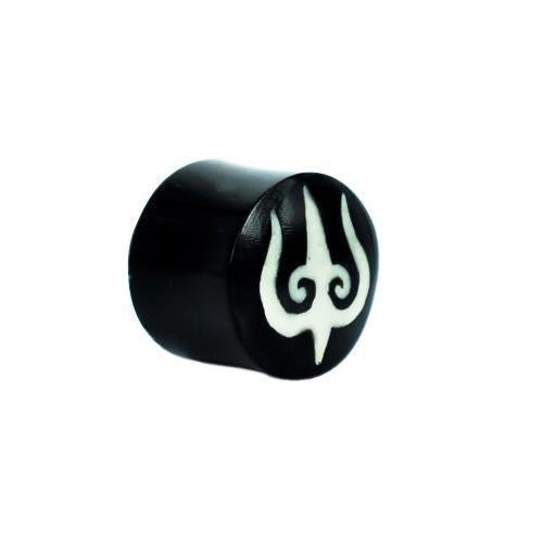 A black Horn Plug Flesh Tunnel with a white tribal symbol, spiral design on one end, shown against a white background.