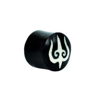 Load image into Gallery viewer, A black Horn Plug Flesh Tunnel with a white tribal symbol, spiral design on one end, shown against a white background.
