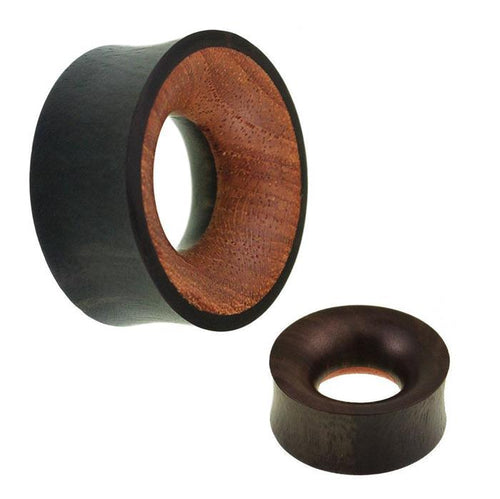 Two handmade Holz Tunnel in schwarz-braun Eisenholz/Teakholz, each with a flared rim and polished finish. One is angled, the other shown from above to display the circular hollow center—perfect as stylish ear jewelry.