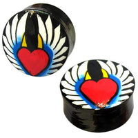 Load image into Gallery viewer, Holz Plug Herz Engel Flügel Teufel Hörner Teakholz schwarz rot gelb weiß Tunnel Unisex Ohrschmuck Ohrstecker
