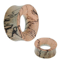 Cargar imagen en el visor de la galería, Two hand-carved Tribal Mangoholz Tunnel plugs with natural grain, light tan color, and flared edges. One Ohrstecker is upright, the other on its side to show both the side and front view.
