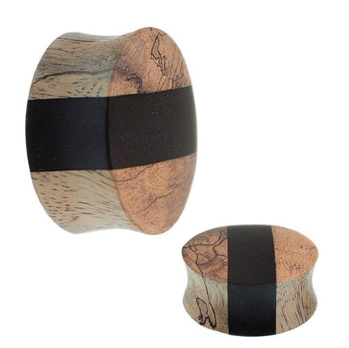 Two round Tribal Holz Plug hell schwarz Streifen, hand-carved from Mangoholz, show dark bands and natural wood grain, displayed on a white background.
