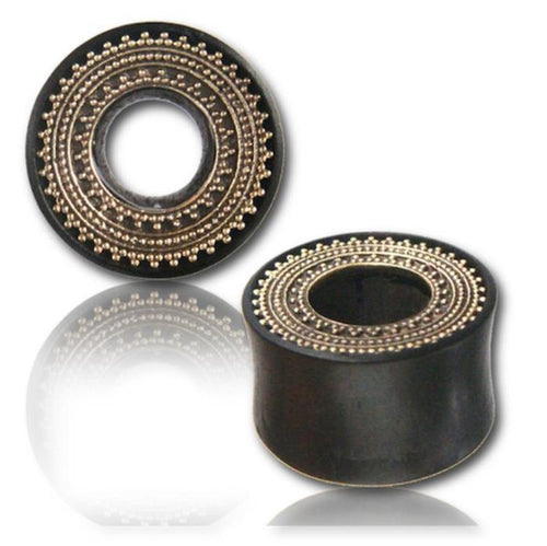 Holz Tunnel Iron Wood Punkte Kreise Afghan Brass Style Inlay antik gold Tribal Plug Organic