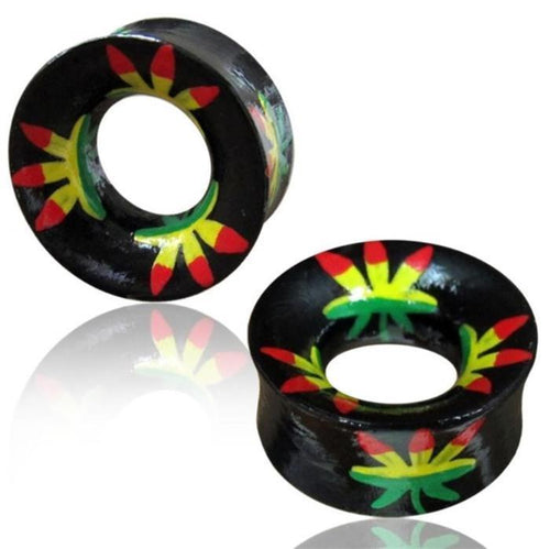 Holz Tunnel handbemalt Rasta Hanf gelb rot grün schwarz Tribal Plug Organic Expander