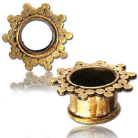 Load image into Gallery viewer, Two Brass Tunnel antique Finish Dreiecke gold, nickelfrei plugs with flared edges and an overlapping circle floral design are shown on a white background with a subtle reflection beneath each organic Messing Expander Ohrschmuck.
