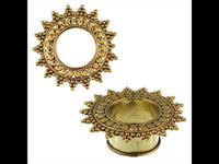 Load image into Gallery viewer, Two antik gold, nickelfree Brass Tunnel Stern Kreise Plugs made from organic Messing: one shown from above with a central hole and star-shaped rim, the other viewed from the side to reveal its hollow, cylindrical form.
